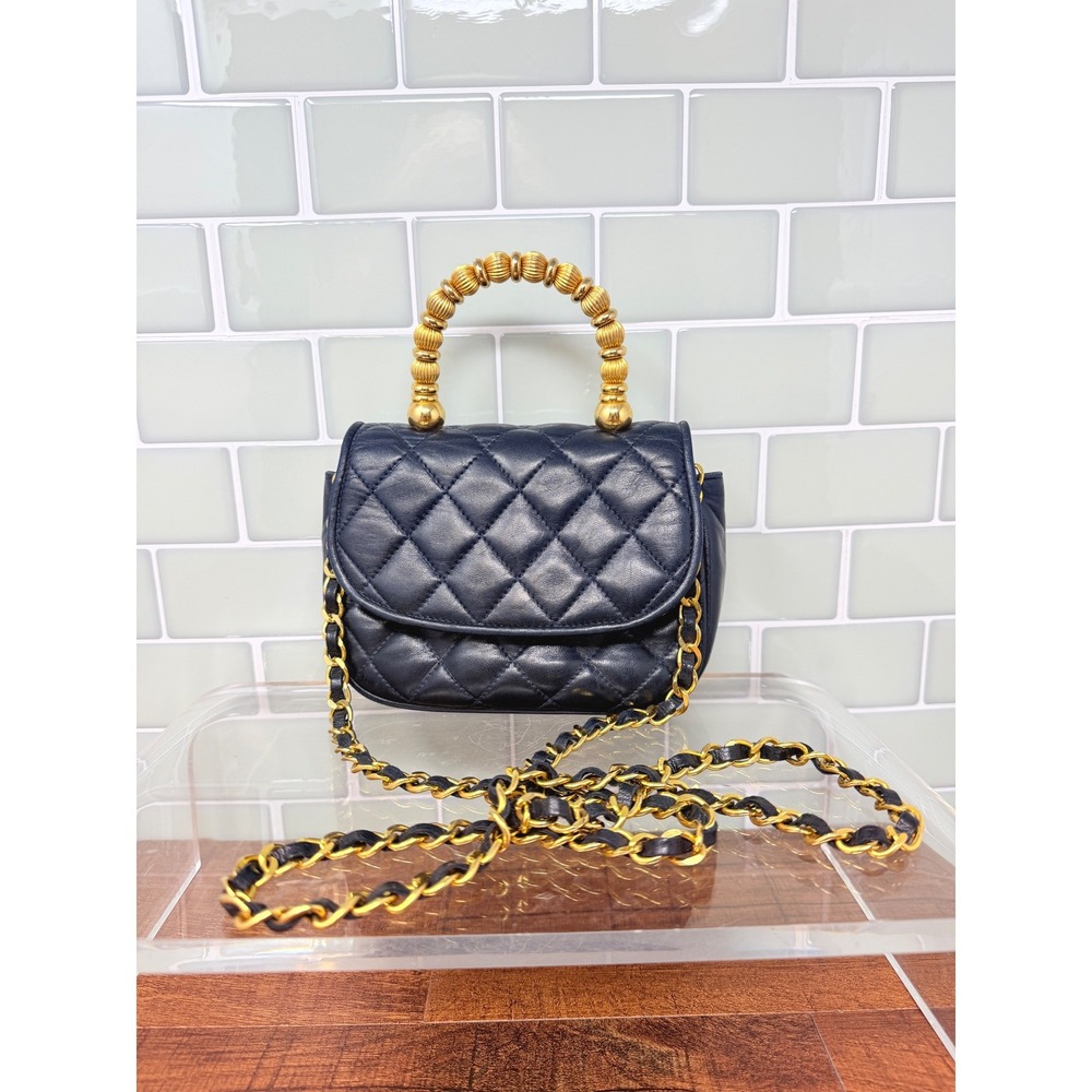 Vintage Linea Doppio Firenze Navy Blue Quilted Leather Top Handle Crossbody Bag